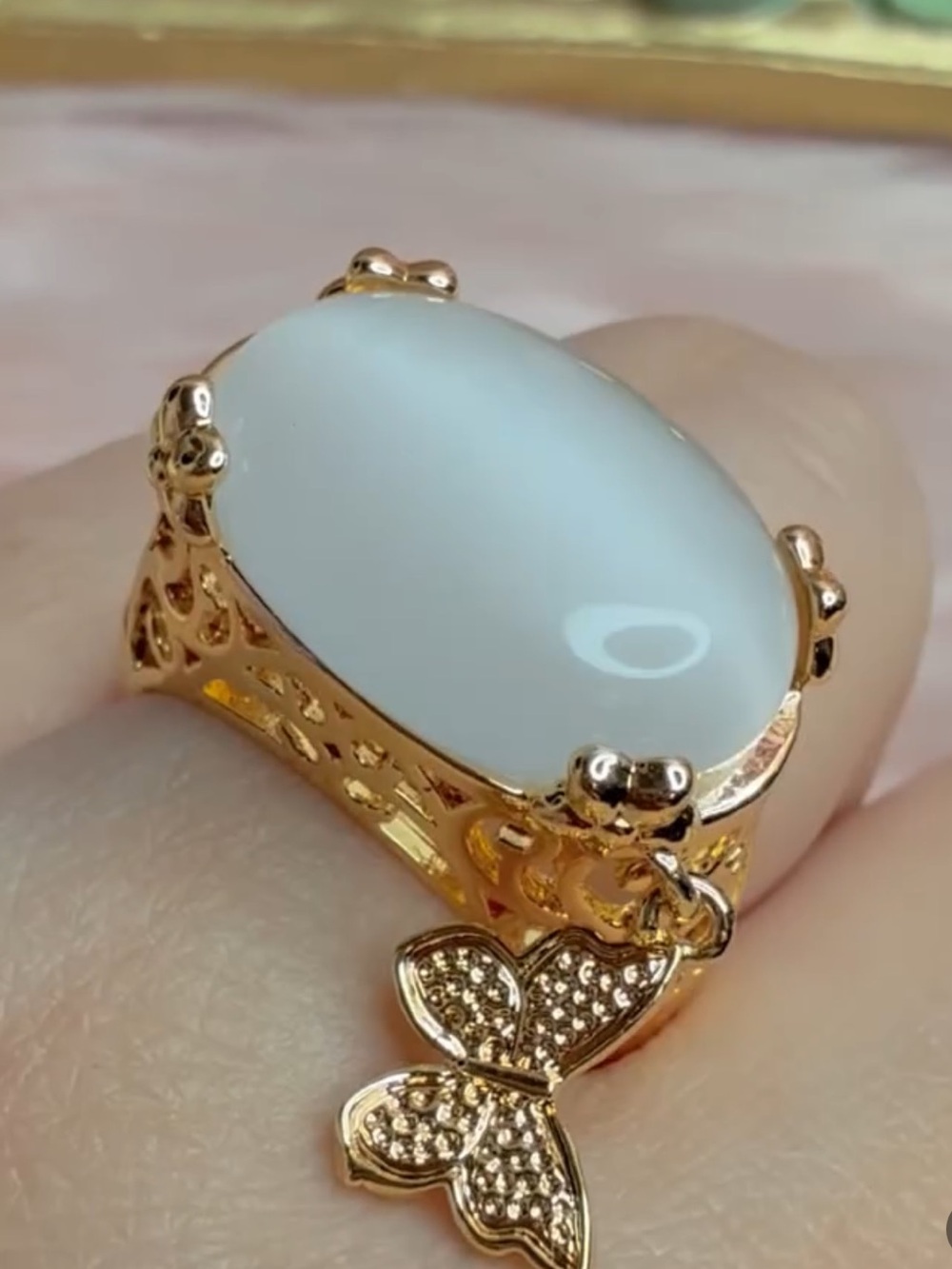 White gemstone ring gold plated brass with butterfly